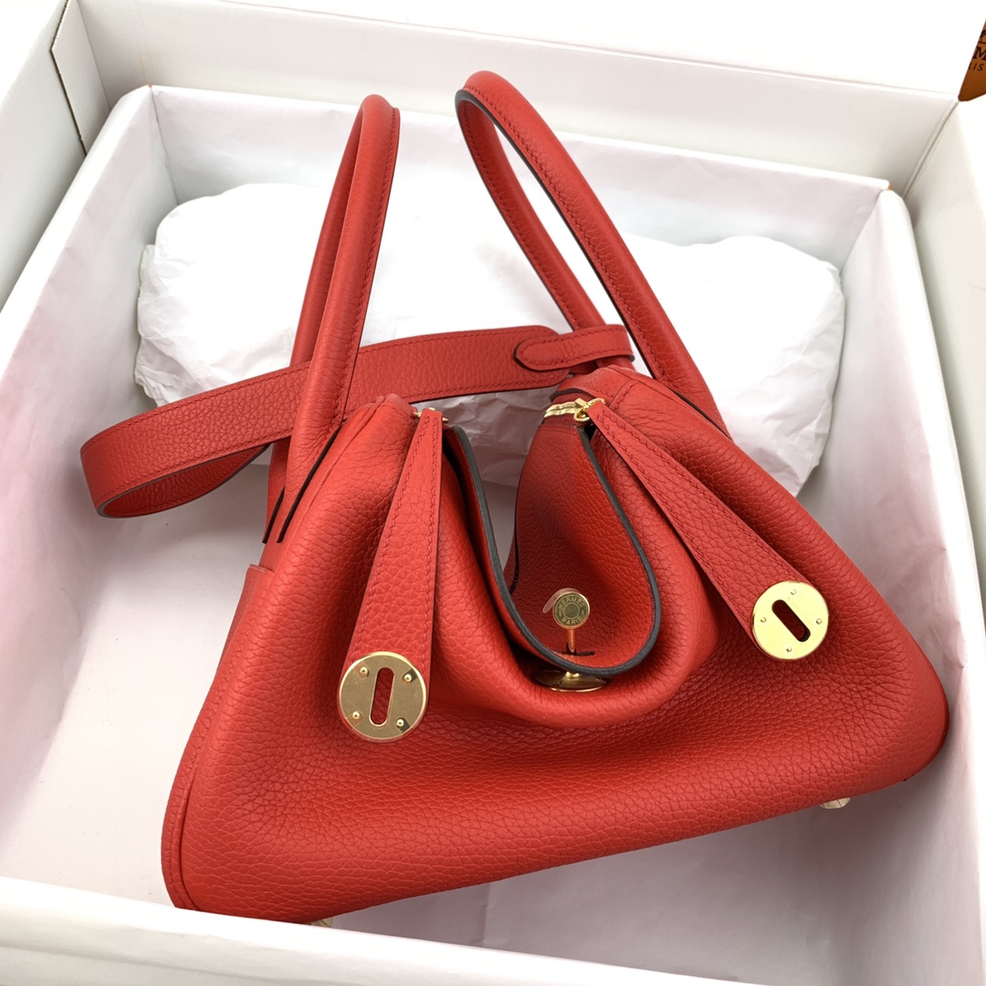 Hermes Lindy 30cm Handbag Shoulder Bag In Red Clemence Leather